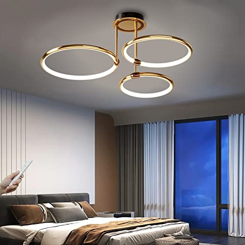 LED Deckenleuchte Modern Dimmbar Deckenlampe Wohnzimmer Ringsform Design Gold Schlafzimmerlampe mit Fernbedienung Led Beleuchtung für Wohnzimmer Schlafzimmer Küche Restaurant Esszimmer (Gold, 3 Ring) von WERSVG