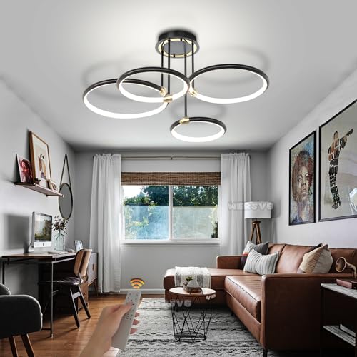 LED Deckenleuchte Modern Dimmbar Deckenlampe Wohnzimmer Ringsform Design Schlafzimmerlampe mit Fernbedienung Led Beleuchtung für Wohnzimmer Schlafzimmer Küche Restaurant Esszimmer (Schwarz, 4 Ring) von WERSVG