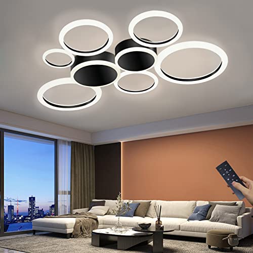 LED Deckenleuchte Wohnzimmerlampen Moderne Ring Designer Schlafzimmer Deckenlampe Dimmbar Mit Fernbedienung Deko Deckenlicht aus Metall Acryl für Wohnzimmer, Flur, Schlafzimmer (Schwarz, 8 Ring,105W) von WERSVG