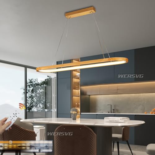 WERSVG LED Hängeleuchte Höhenverstellbare Moderne Hängelampe aus Holz,Dimmbare LED Pendelleuchte Retro Pendelampe 50W Esstischlampe Hängende Küchenlampe für Esszimmer Büro Bar L120cm von WERSVG