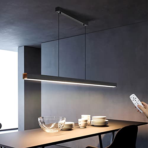 LED Pendelleuchte Dimmbare Schwarz Langer Streifen Esstisch Hängeleuchte mit Fernbedienung Moderne linear Design höhenverstellbar Kronleuchter Lampe für Bar Esszimmer Sekretariat Küche 60W /150cm von WERSVG