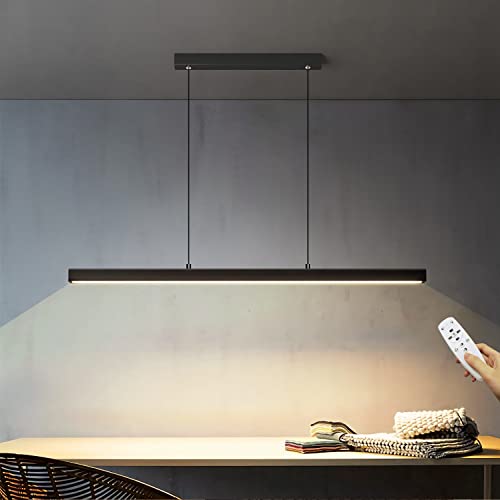 LED Pendelleuchte Dimmbare Schwarz Langer Streifen Esstisch Hängeleuchte mit Fernbedienung Moderne linear Design höhenverstellbar Kronleuchter Lampe für Büro Bar Esszimmer Küche (Schwarz, 120cm/48W) von WERSVG