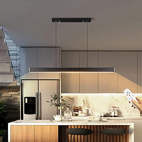 LED Pendelleuchte Dimmbare Schwarz Langer Streifen Esstisch Hängeleuchte mit Fernbedienung Moderne linear Design höhenverstellbar Kronleuchter Lampe für Büro Bar Esszimmer Küche (Schwarz, 80cm/32W) von WERSVG