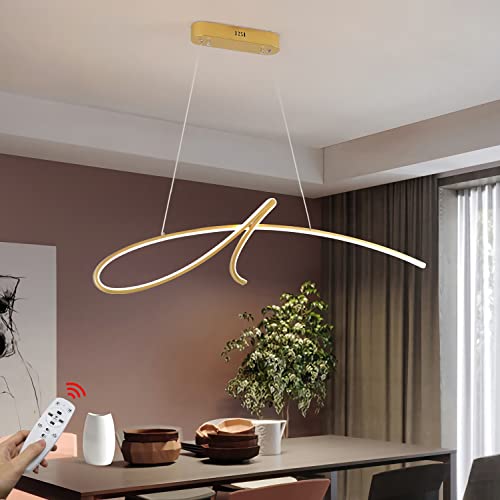 WERSVG LED Pendelleuchte Esstisch Gold Hängeleuchte 48W Modern Dimmbar mit Fernbedienung Esstischlampe LED Kronleuchter Linear Leuchte Höhenverstellbar für Esszimmer, Wohnzimmer, Küche 95cm (Gold) von WERSVG