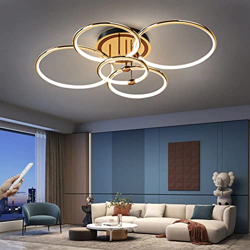 LED Deckenleuchte Modern Dimmbar Deckenlampe Wohnzimmer Ringsform Design Gold Schlafzimmerlampe mit Fernbedienung Led Beleuchtung für Wohnzimmer Schlafzimmer Küche Restaurant Esszimmer (Gold, 5 Ring) von WERSVG