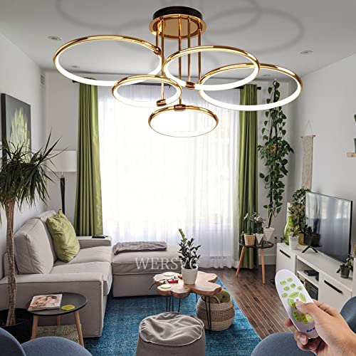 WERSVG gold LED Deckenleuchte Wohnzimmerlampe Dimmbar 3000K-6000K 5-Ring Deckenlampe 60W 4800LM Modern Schlafzimmerlampen mit Fernbedienung, für Wohnzimmer Esszimmer Küche Kinderzimmer von WERSVG