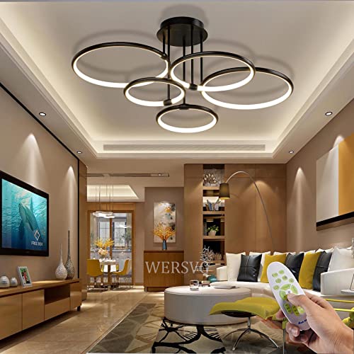 WERSVG Modern LED Deckenleuchte Wohnzimmerlampe Deckenlampe Schwarz 5-Ring Deckenleuchte 108W 8640LM Dimmbar 3500K-6500K Mit Fernbedienung flurlampe decke, für Wohnzimmer Schlafzimmer Küche Esszimmer von WERSVG