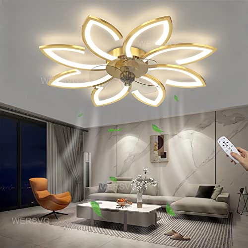 WERSVG Deckenventilator mit Beleuchtung Leise 90W Modern LED Wohnzimmer Ventilator-Deckenleuchte Dimmbar Gold 8-Flammig Blütenform Design Lamp mit Fernbedienung Esszimmer Schlafzimmer Fan Licht 90cm von WERSVG