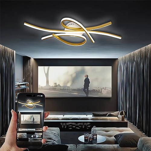 WERSVG Dimmbar LED Deckenleuchte L100cm Modern Wohnzimmerlampe 55W Deckenlampe gold Schlafzimmerlampe Mit Fernbedienung Innen Design Deckenbeleuchtung für Wohnzimmer Küche Arbeitszimmer Büro von WERSVG