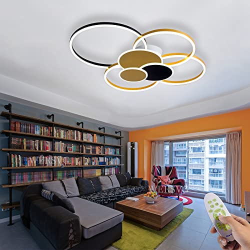 WERSVG L100cm Modern LED Deckenleuchte Wohnzimmer Deckenlampe gold 7-Ring Deckenleuchte 100W 8000LM Dimmbar 3500K-6500K Mit Fernbedienung flurlampe decke, für Wohnzimmer Schlafzimmer Küche Esszimmer von WERSVG