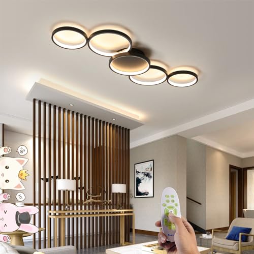 WERSVG LED Deckenlampe 5-Flammen Dimmbare Wohnzimmer Deckenleuchte mit Fernbedienung 55W Ring Design Groß Deckenleuchten Mit Nachtlicht L99.5cm Decke Licht (Schwarz) von WERSVG