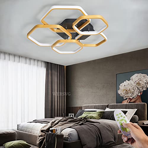 WERSVG LED Deckenleuchte Dimmbare Kreativität Rechteckig Schlafzimmerlicht mit Fernbedienung Aluminium-Acryl-Licht Geeignet für Schlafzimmer Wohnzimmer Küche Esszimmer, Gold, Ø55cm,80W von WERSVG