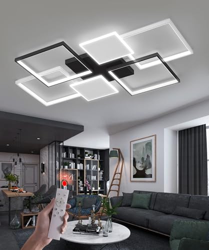 WERSVG LED Deckenleuchte Moderne Schwarz 6-Flammig Groß Atmosphärische Ring Design Wohnzimmerlampe Dimmbar Deckenlampe Mit Fernbedienung 3000-6000K Geometrisch Schlafzimmer Lampe (Rechteckige, 90cm) WERSVG LED Deckenleuchte Moderne Schwarz 6-Flammig Groß Atmosphärische Ring Design Wohnzimmerlampe Dimmbar Deckenlampe Mit Fernbedienung 3000-6000K Geometrisch Schlafzimmer Lampe (Rechteckige, 90cm) von WERSVG