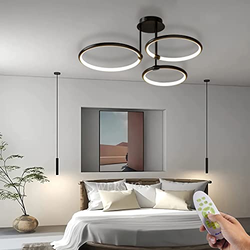 WERSVG Modern LED Deckenleuchte Wohnzimmerlampe Deckenlampe Schwarz 3-Ring Deckenleuchte 60W 4800LM Dimmbar 3500K-6500K Mit Fernbedienung flurlampe decke, für Schlafzimmer Wohnzimmer Küche Esszimmer von WERSVG