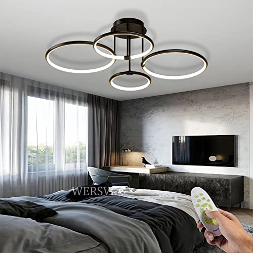 WERSVG Modern LED Deckenleuchte Wohnzimmerlampe Deckenlampe Schwarz 4-Ring Deckenleuchte 85W 6800LM Dimmbar 3500K-6500K Mit Fernbedienung flurlampe decke, für Schlafzimmer Wohnzimmer Küche Esszimmer von WERSVG