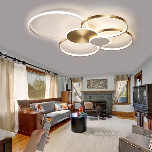 WERSVG Modern LED Deckenleuchte Gold L100cm 93W Dimmbar Deckenlampe 6-Ring Design Wohnzimmer lampe mit Fernbedienung Metall Beleuchtung für Wohnzimmer, Schlafzimmer, Küche, Flur, Balkon, Esszimmer von WERSVG