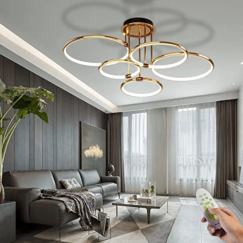 WERSVG Dimmbare gold 5-Lampe Deckenlampe LED Deckenleuchte Modern Wohnzimmerlampe Deckenleuchte 108W 8650LM Flurlampe Decke für Wohnzimmer Schlafzimmer Arbeitszimmer Esszimmer 5-Ring von WERSVG