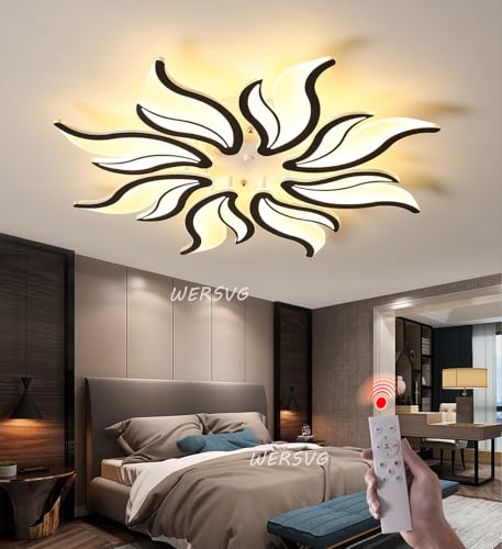 WERSVG Moderne LED Deckenleuchte Dimmbar Wohnzimmerlampe Blumenform Design Acryl Deckenbeleuchtung mit Fernbedienung 3000K-6000K Wohnzimmer Schlafzimmer Esszimmer Deckenlampe (Schwarz, 8 Heads,78cm) von WERSVG