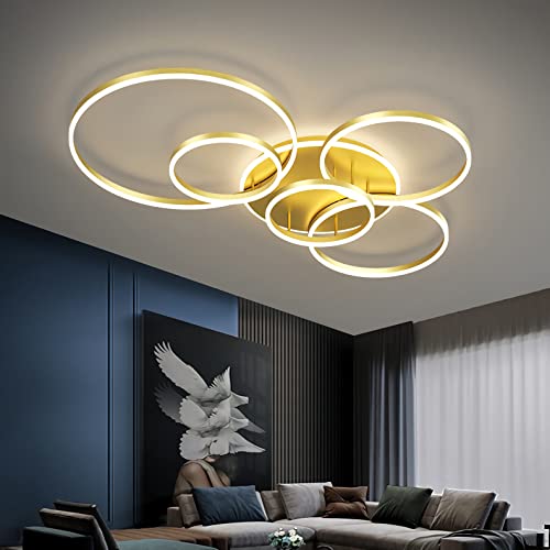 WERSVG Moderne LED Wohnzimmerlampe Deckenleuchte Runde Deckenlampe Dimmbare Fernbedienung Metall Acryl Lampenschirm Schlafzimmer Esstisch Halle Beleuchtung Innenleuchte,Gold 6 Ring 2800K ~ 6000K von WERSVG