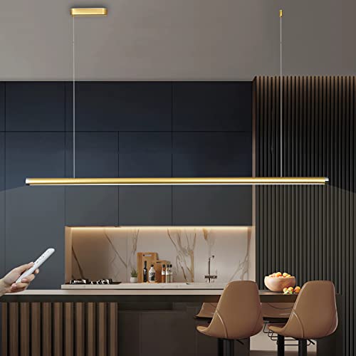 WERSVG Pendelleuchte LED Hängelampe Esstisch Moderne Minimalistische Dimmbar Linear Hängeleuchte mit Fernbedienung Küchen Büro Bar Esszimmer Hängend Lampe Hoehenverstellbar Decke Lampe (Gold, 120cm) von WERSVG