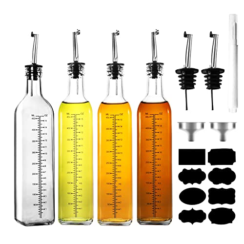 WERTIOO Olivenölspenderflasche, 482 ml, 4 Stück, Glas-Öl- und Essigspender-Set mit 6 Ausgießern, Trichter und Stift und Etikett für die Küche von WERTIOO