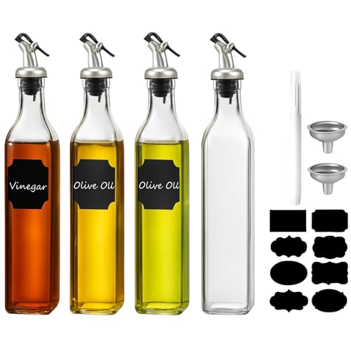 WERTIOO 4 Pack Olive Oil Dispenser Bottle 500 ML, 17 OZ Clear Glass Oil Bottles for Kitchen, Modern Oil and Vinegar Dispenser Set with 2 Funnel & Pen and Tags von WERTIOO