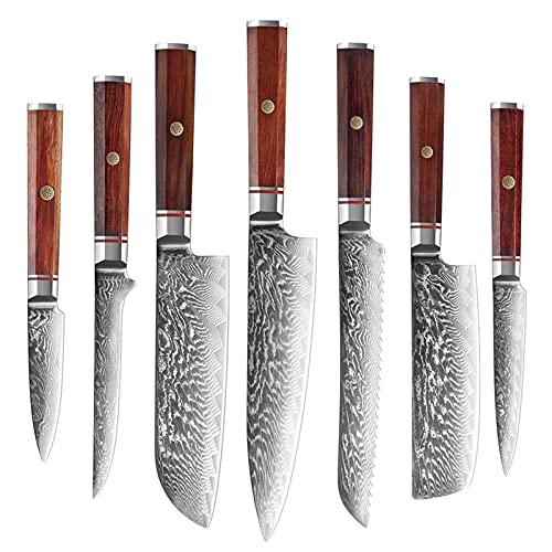 WERWER 1-7PC Damaskus Küchenmesser Set VG10 Edelstahl Chefmesser Santoku Messer Kleber Brot Utility Paring Messer (Color : DMHM21-7pc) von WERWER