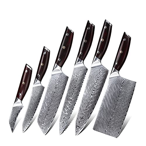 WERWER 6pcs Küchenmesser Set japanischer Damaskus Edelstahl Cleaver Chef Messer Rot Sandelholzgriff Küchenmesser von WERWER