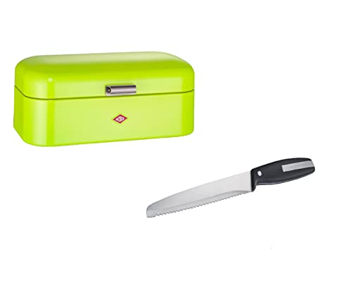 Wesco Set aus 1x Grandy Brotkasten in der Farbe Limegreen aus hochwertigem Stahlblech pulverbeschichtet und 1x Brotmesser mit Edelstahlklinge im Wellenschliff von WESCO