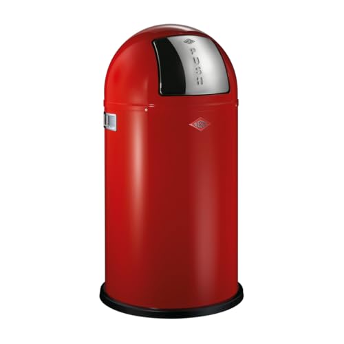 Wesco Pushboy Mülleimer in der Farbe rot, pulverbeschichtetes Stahlblech, 50 Liter Volumen, große Edelstahlklappe, herausnehmbarer Innenbehälter von WESCO