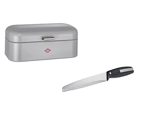 Wesco Set aus 1x Grandy Brotkasten in der Farbe Grau aus hochwertigem Stahlblech pulverbeschichtet und 1x Brotmesser mit Edelstahlklinge im Wellenschliff von WESCO