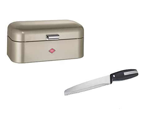 Wesco Set aus 1x Grandy Brotkasten in der Farbe Neusilber aus hochwertigem Stahlblech pulverbeschichtet und 1x Brotmesser mit Edelstahlklinge im Wellenschliff von WESCO