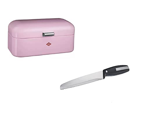 Wesco Set aus 1x Grandy Brotkasten in der Farbe Rosa aus hochwertigem Stahlblech pulverbeschichtet und 1x Brotmesser mit Edelstahlklinge im Wellenschliff von WESCO