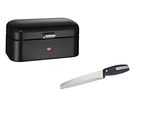 Wesco Set aus 1x Grandy Brotkasten in der Farbe Schwarz aus hochwertigem Stahlblech pulverbeschichtet und 1x Brotmesser mit Edelstahlklinge im Wellenschliff von WESCO