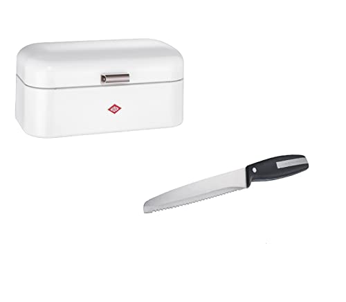Wesco Set aus 1x Grandy Brotkasten in der Farbe Weiß Matt aus hochwertigem Stahlblech pulverbeschichtet und 1x Brotmesser mit Edelstahlklinge im Wellenschliff von WESCO