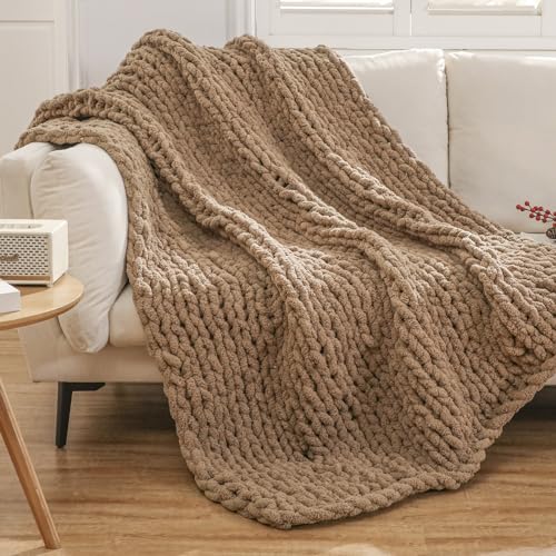 WESHIONGOO Grobstrickdecke, Überwurf, 127 x 152 cm, gestrickt, für Couch, Bett, flauschig, weiche Decke mit Jumbo-Chenille-Garn, dick, 100 % handgefertigt, Braun von WESHIONGOO