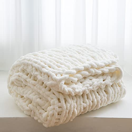 WESHIONGOO Grobstrickdecke, Überwurf, gestrickt, Überwurf, Decken für Couch, Bett, flauschig, weiche Decke mit Jumbo-Chenille-Garn, dick, 100 % handgefertigt, Cremeweiß, 203 x 228 cm von WESHIONGOO