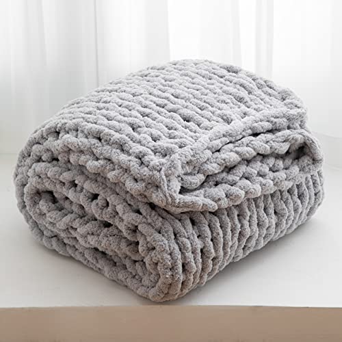 WESHIONGOO Grobstrickdecke, Überwurf, gestrickt, Überwurf, Decken für Couch, Bett, flauschig, weiche Decke mit Jumbo-Chenille-Garn, dick, 100 % handgefertigt (Hellgrau, 203 x 228 cm) von WESHIONGOO