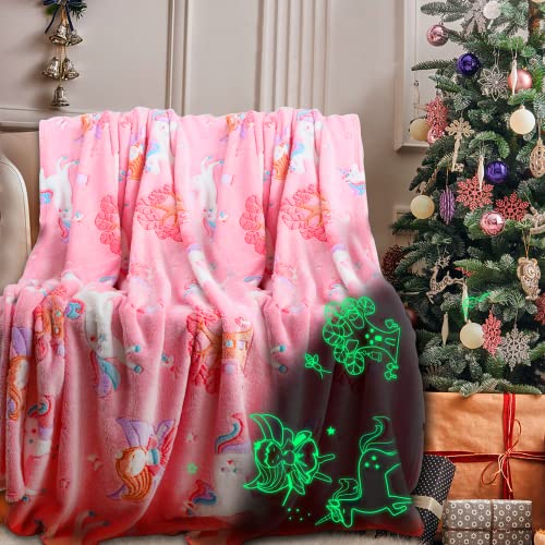 Kuscheldecke Kinder Glow in The Dark Einhorn Decke Flauschig Warm Flanelldecke SuperWeich Komfort Fleecedecke Kinderdecke leuchten Babydecke Dekoriert mit Einhorn für Kinder Mädchen Rosa von WESKIFAN