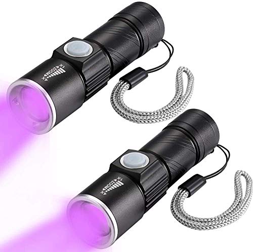 UV Schwarzlicht Taschenlampe 395nm, 2er Pack USB Wiederaufladbare Ultraviolett Taschenlampen Klein Zoombar Hund Katze Haustier Urinfinder Fleckdetektor Licht (Eingebauter Akku) von WESLITE