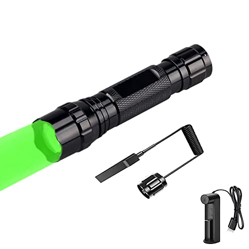 WESLITE Taktische Taschenlampe Extrem hell, Taschenlampe Grünes Licht für die Jagd Zoomfähiges 1 Modus Wasserdichtes Jagdlicht Coyote Predator Varmint Light mit Druckschalter und Ladegerät von WESLITE