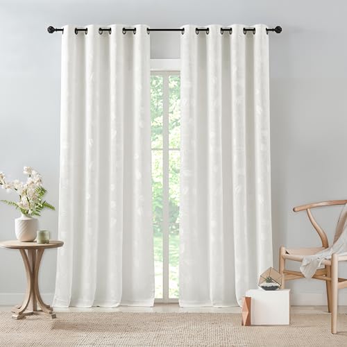 WEST LAKE Jacquard-Vorhänge mit weißen Blättern, 213 cm lang, botanische halbtransparente Vorhänge für Schlafzimmer, Wohnzimmer, moderne Fensterbehandlung, Ösen, 127 cm B x 213 cm, 2 Stück von WEST LAKE