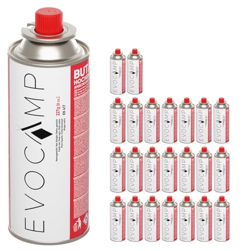EVOCAMP 24x Stück Butan Gaskartuschen 227g Typ MSF-1a Bajonett Ventil ideal für Campingkocher, Gasheizung, Unkrautbrenner, Camping Gas Butangas Kartusche, Universaldruckgasdose für Camping und BBQ von EVOCAMP