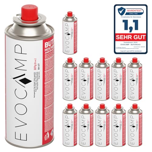 EVOCAMP 12x Stück Butan Gaskartuschen 227g Typ MSF-1a Bajonett Ventil ideal für Campingkocher, Gasheizung, Unkrautbrenner, Camping Gas Butangas Kartusche, Universaldruckgasdose für Camping und BBQ von EVOCAMP