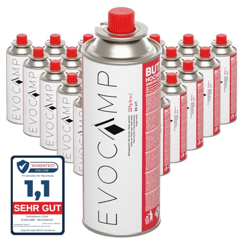 EVOCAMP 28x Stück Butan Gaskartuschen 227g Typ MSF-1a Bajonett Ventil ideal für Campingkocher, Gasheizung, Unkrautbrenner, Camping Gas Butangas Kartusche, Universaldruckgasdose für Camping und BBQ von EVOCAMP