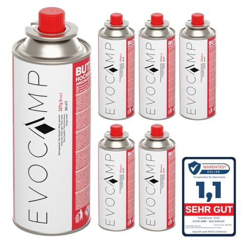 EVOCAMP 6X Stück Butan Gaskartuschen 227g ideal für Campingkocher, Gasheizung oder Unkrautbrenner, Camping Gas Butangas Kartusche Typ MSF-1a von EVOCAMP