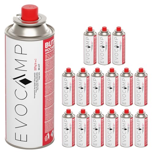 EVOCAMP 16x Stück Butan Gaskartuschen 227g Typ MSF-1a Bajonett Ventil ideal für Campingkocher, Gasheizung, Unkrautbrenner, Camping Gas Butangas Kartusche, Universaldruckgasdose für Camping und BBQ von EVOCAMP