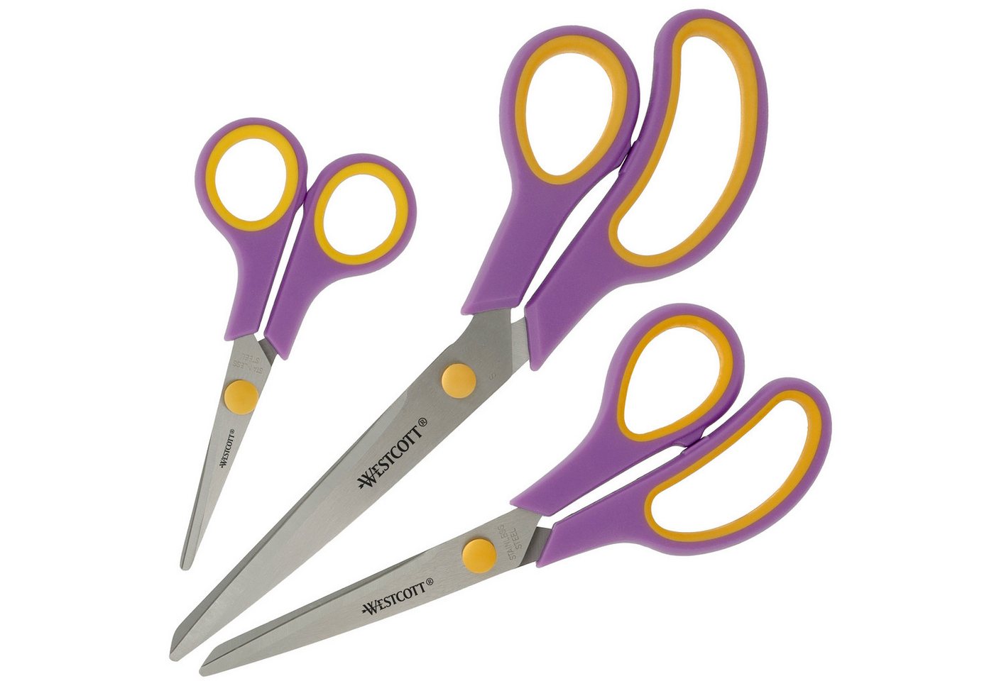 WESTCOTT Scheren-Set Easy Grip Scheren 3 Stück Cassis, Universalscheren mit Komfort-Griff, (Vorteilspack, 3-tlg), Extrascharfe & langlebige Edelstahlklinge von WESTCOTT