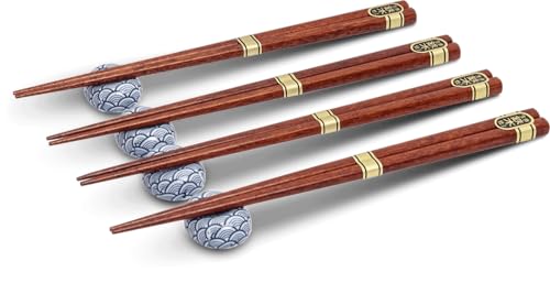 Colorful Series ASIATICA | Essstäbchen Set Traditionelles Japan & Blue Waves | 4 Paar Holz-Ess-Stäbchen mit Keramik-Ablagen | Hochwertiges Chopstick-Set für Sushi & Asiatische Gerichte (Blue Waves) von WESTCRAFT