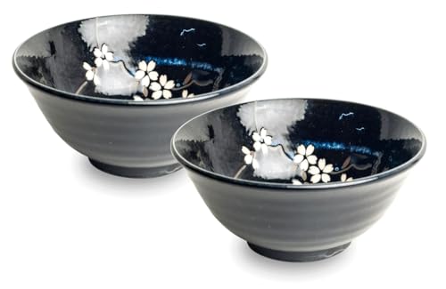 Japan-Bowls ASIATICA | Ramen Bowl Porzellan-Schalen 15 cm | Hochwertige asiatische Schüssel für Reis, Nudeln, Tapas, Udon, Müsli - Suppen-Schale mit japanischen Designs (2er Set Anemone Blau) von WESTCRAFT